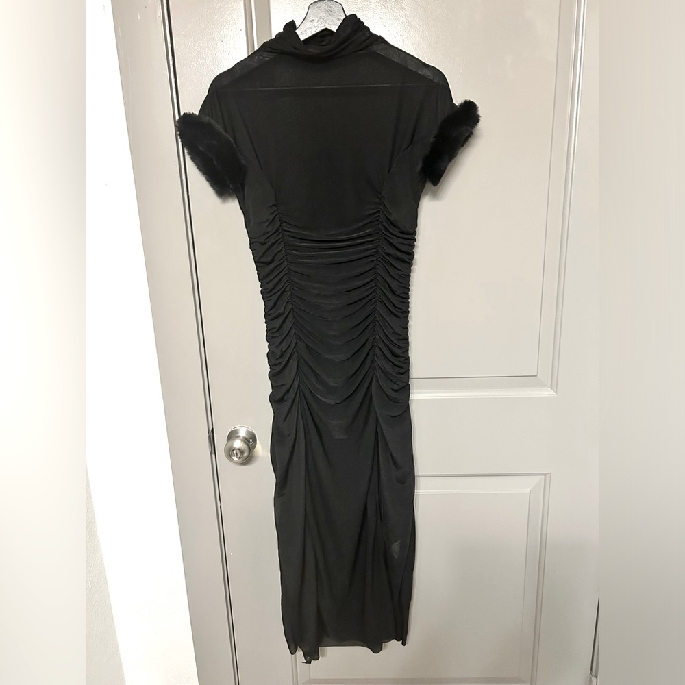 Sheer fur sleeve ruched dress
